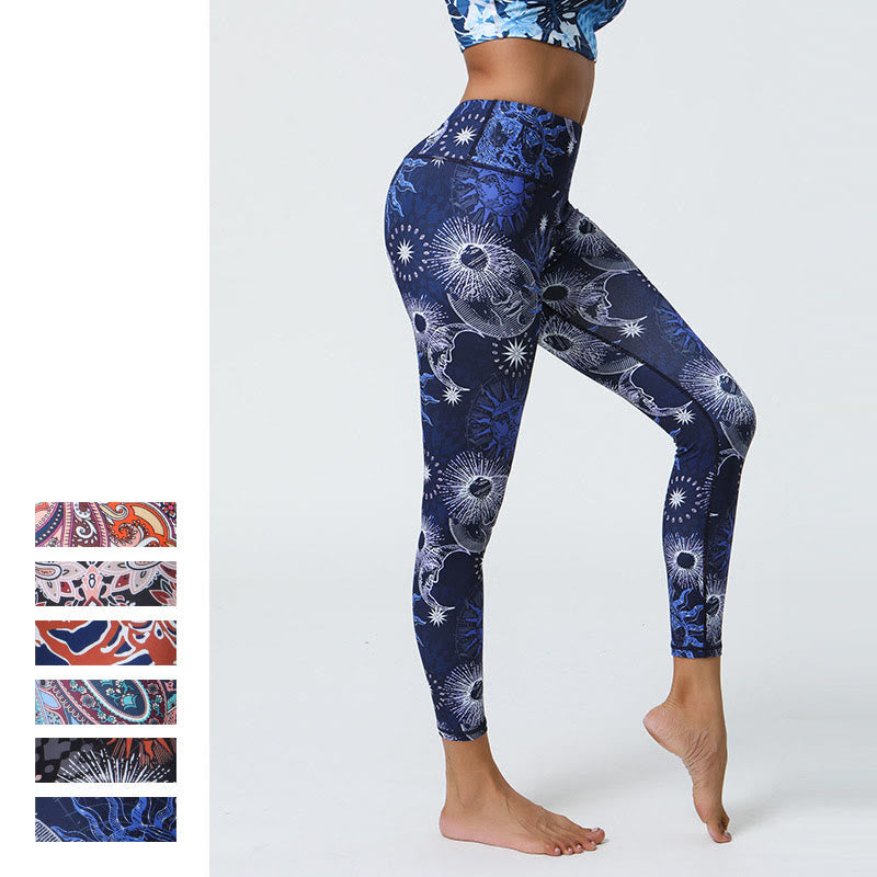 Flowers Feathers Sun Moon Print Sports Fitness Yoga High Waist Leggings Women's Pants