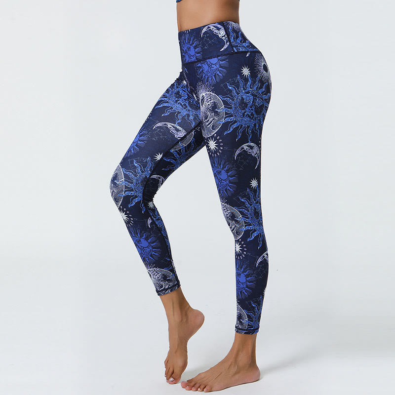 Flowers Feathers Sun Moon Print Sports Fitness Yoga High Waist Leggings Women's Pants