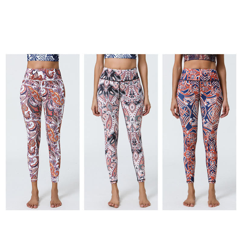 Flowers Feathers Sun Moon Print Sports Fitness Yoga High Waist Leggings Women's Pants