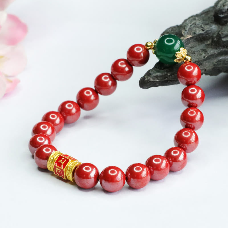 Natural Cinnabar Green Agate Om Mani Padme Hum Pattern Blessing Bracelet