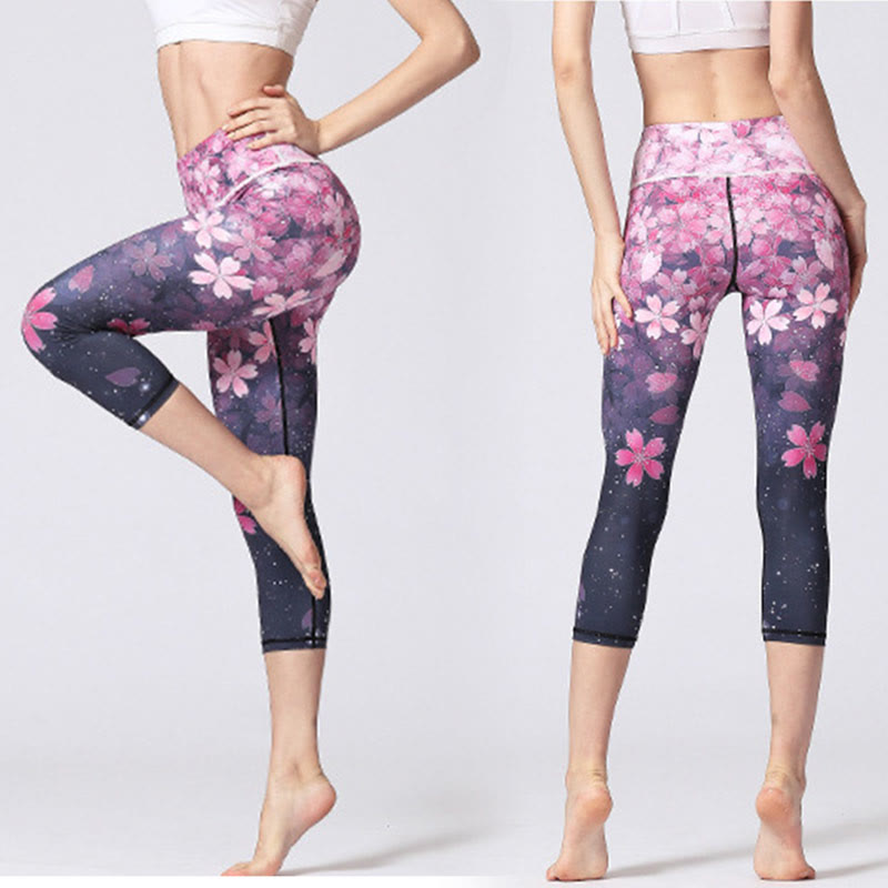 Cherry Blossoms Sakura Lines Print Sports Yoga Cropped Leggings Women's Yoga Capri Pants