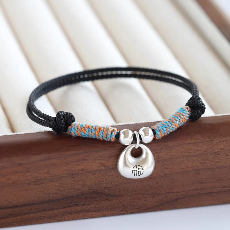 Handmade 925 Sterling Silver Fu Character Safe And Well Luck Braided Bracelet