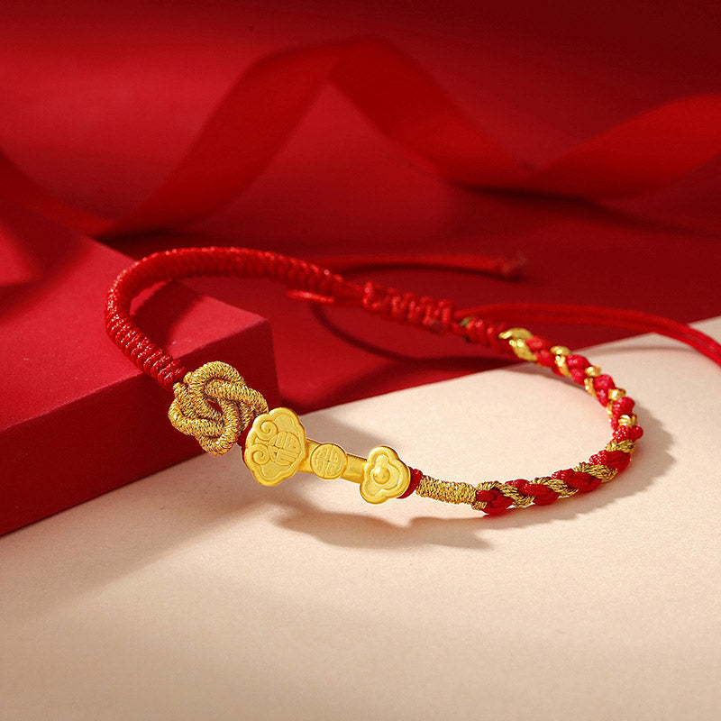 999 Sterling Silver Ruyi Handle Fu Character Fortune Luck Rope Bracelet