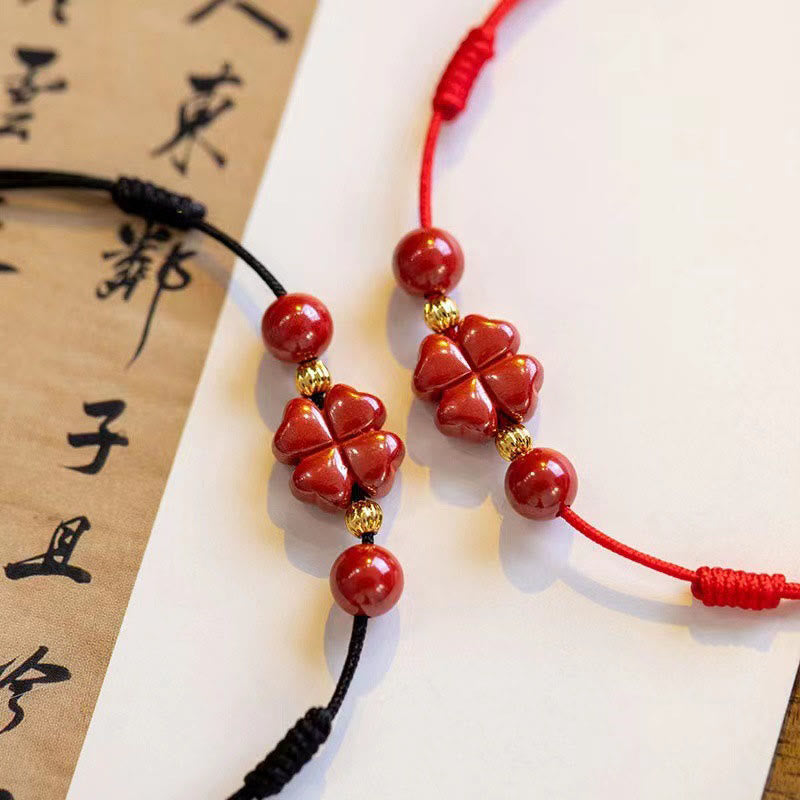 Cinnabar Four Leaf Clover Blessing String Rope Anklet