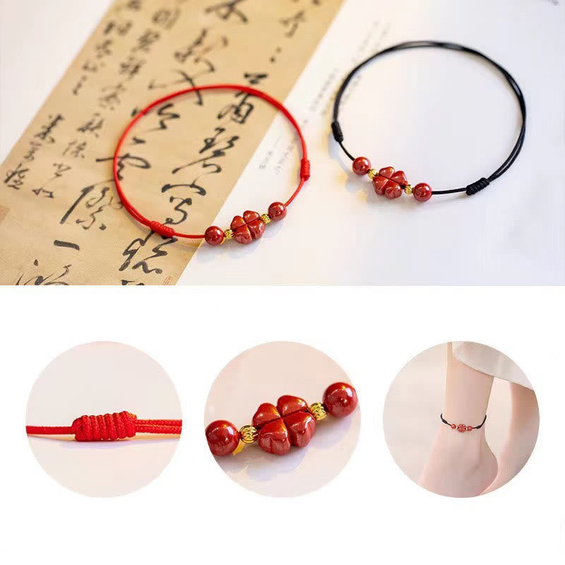 Cinnabar Four Leaf Clover Blessing String Rope Anklet