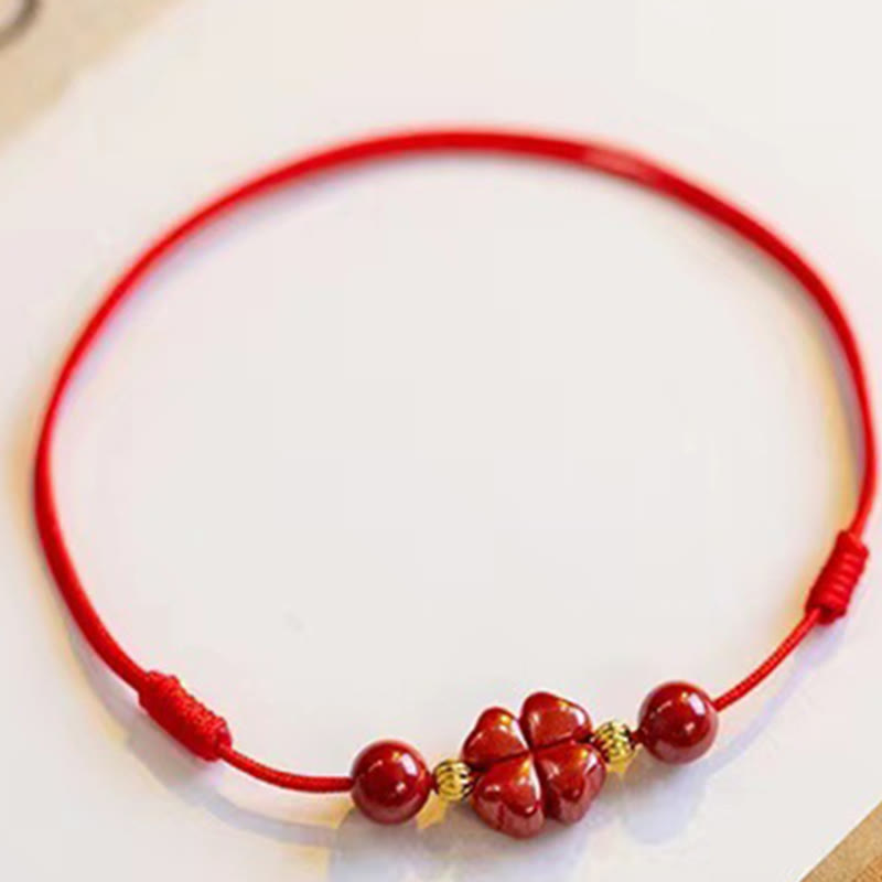 Cinnabar Four Leaf Clover Blessing String Rope Anklet