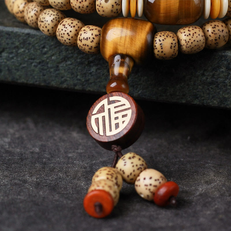 108 Mala Beads Bodhi Seed Tiger's Eye Fu Character Peace Bracelet