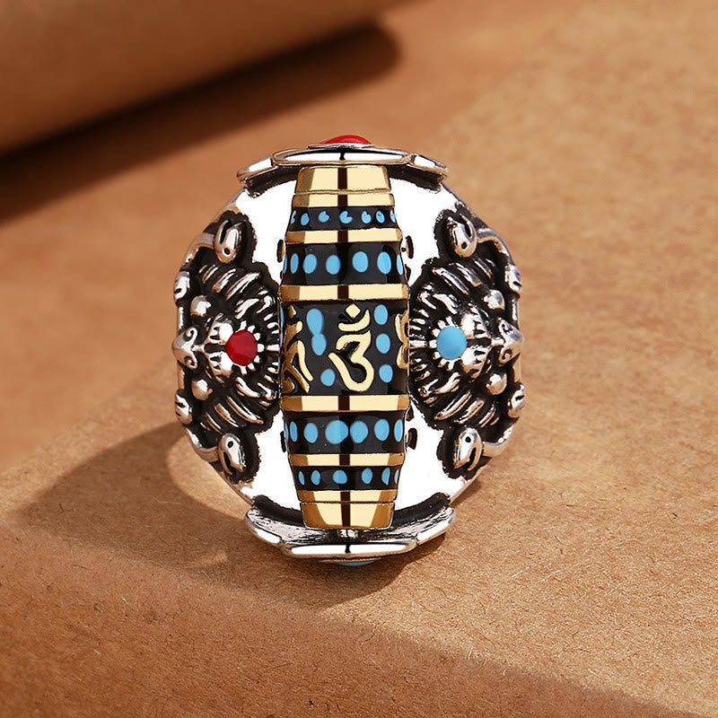 Tibetan Om Mani Padme Hum Garuda Dzi Bead Pattern Peace Rotatable Ring