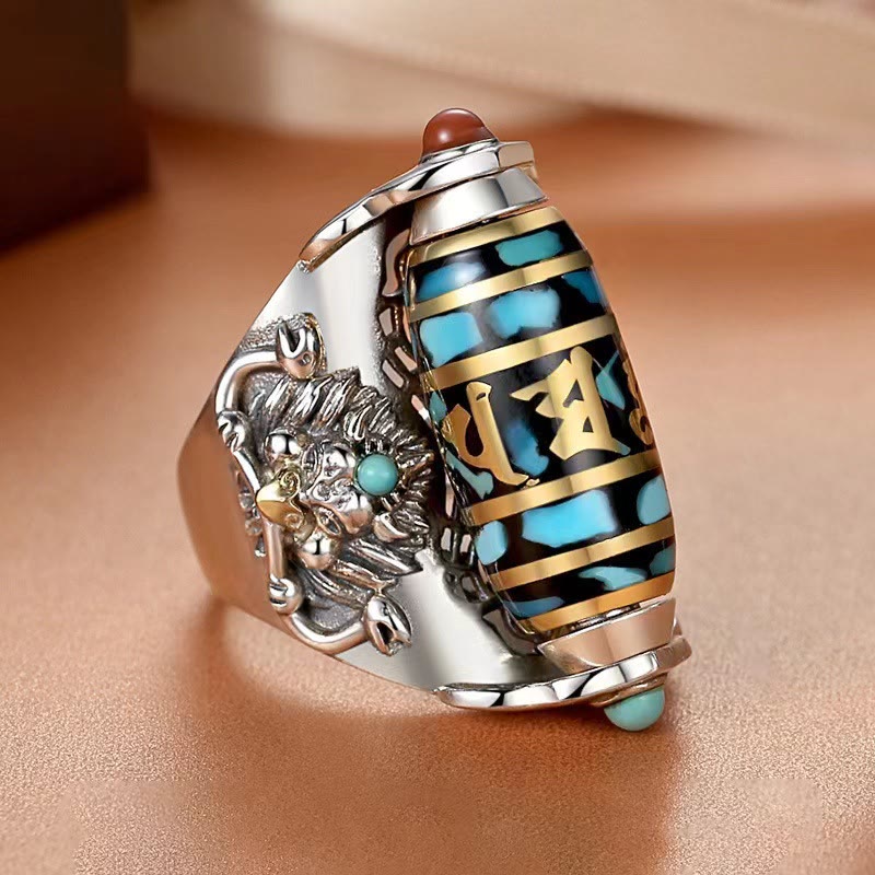 Tibetan Om Mani Padme Hum Garuda Dzi Bead Pattern Peace Rotatable Ring