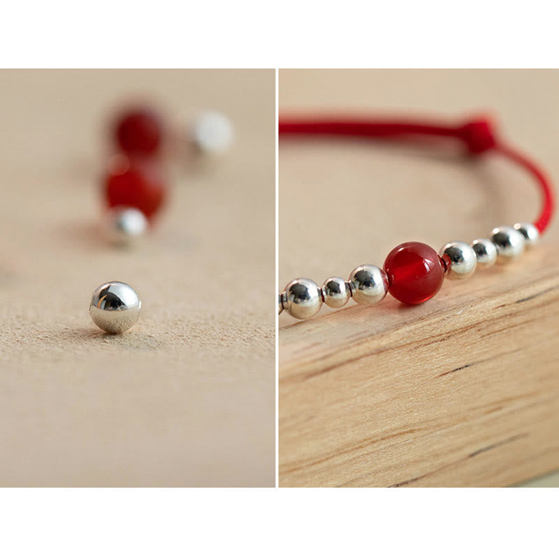 Handmade 925 Sterling Silver Fu Character Red Agate Fortune Braided Ultra-Thin Rope Bracelet
