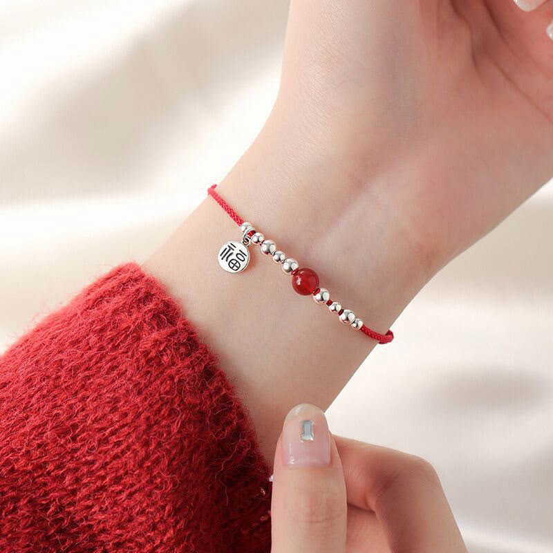 Handmade 925 Sterling Silver Fu Character Red Agate Fortune Braided Ultra-Thin Rope Bracelet