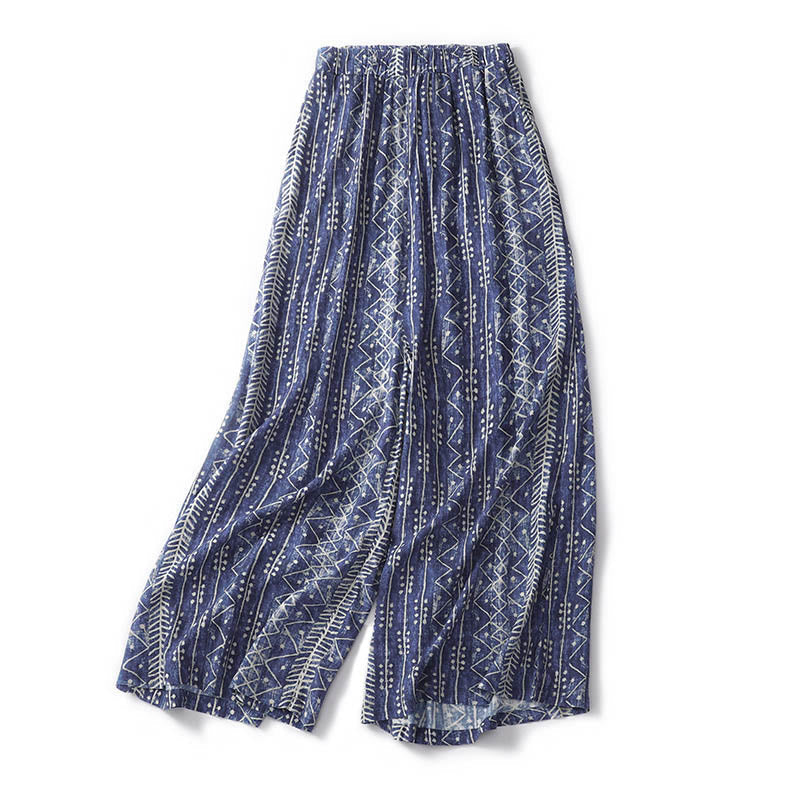 Blue Stripes Print Wide Leg Pants With Pockets