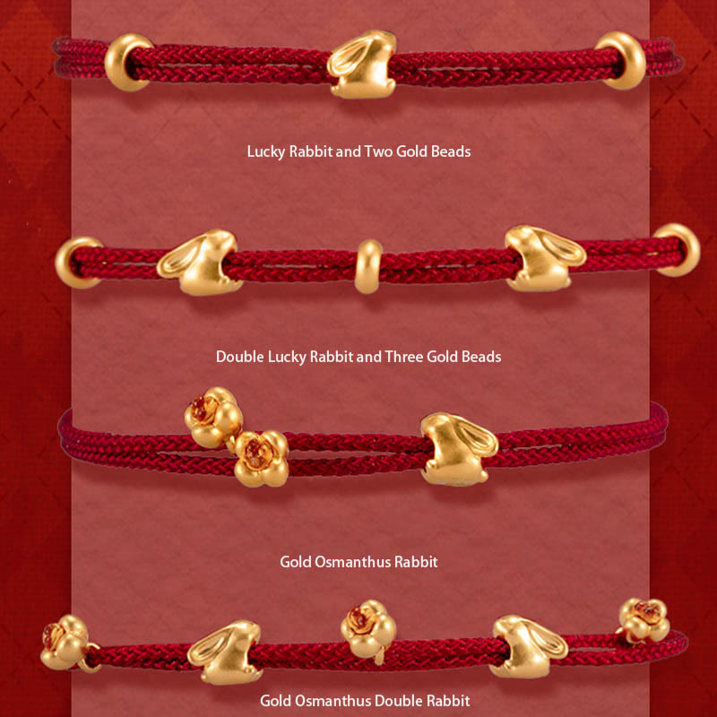 999 Gold Small Lucky Rabbit Osmanthus Design Handmade Luck Braided Rope Bracelet