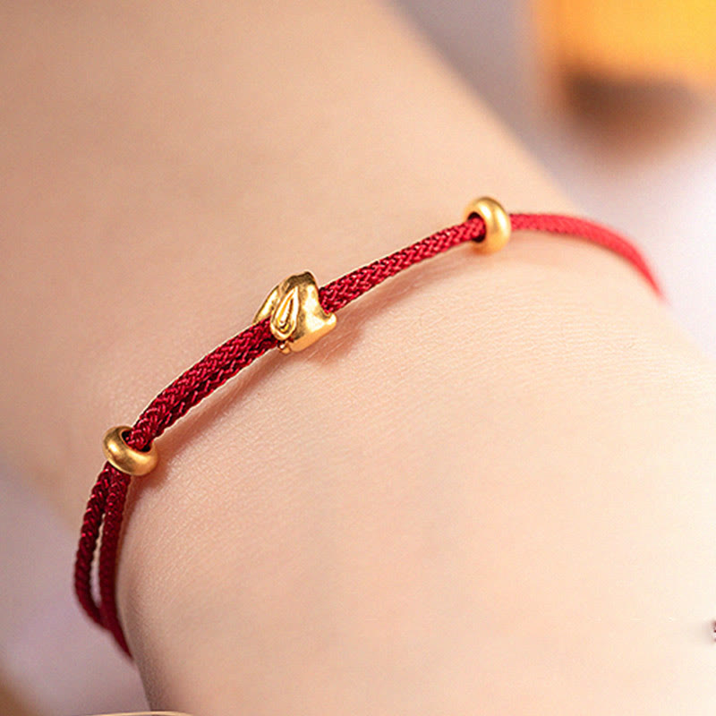 999 Gold Small Lucky Rabbit Osmanthus Design Handmade Luck Braided Rope Bracelet