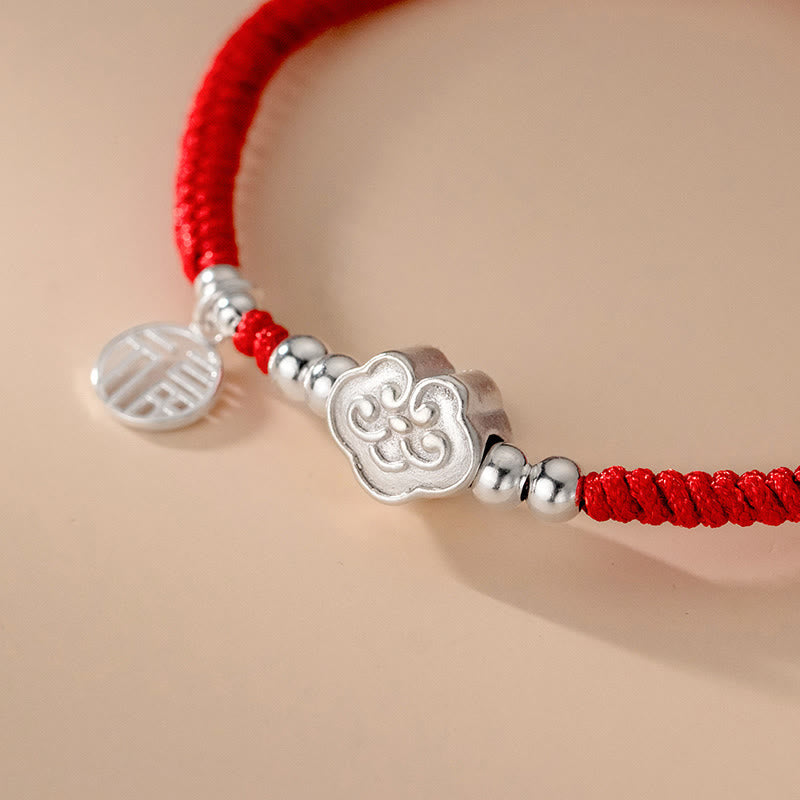 Handmade 925 Sterling Silver Fu Character Auspicious Clouds Blessing Braided Rope Bracelet