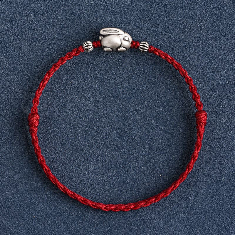 Handmade 999 Sterling Silver Rabbit Luck Rope Bracelet Anklet