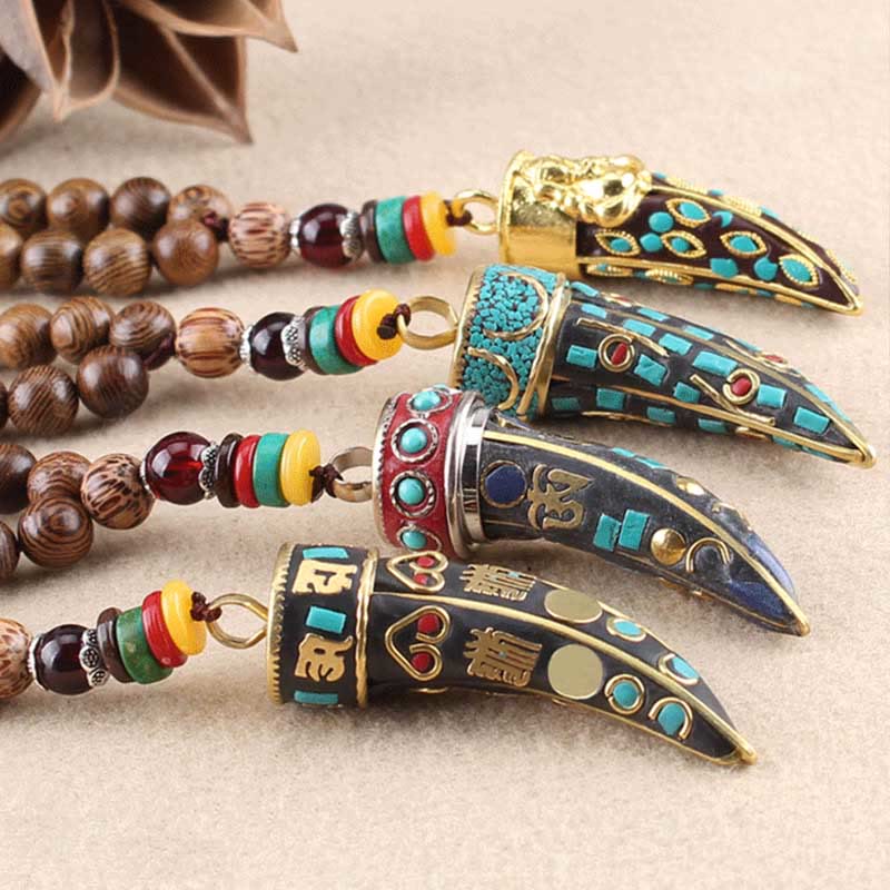 Tibet Wenge Wood Om Mani Padme Hum OM Symbol Mantra Horn Pattern Protection Necklace Pendant