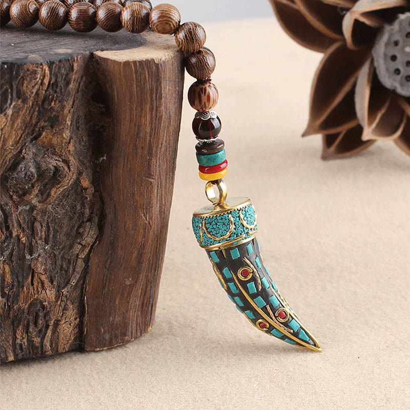Tibet Wenge Wood Om Mani Padme Hum OM Symbol Mantra Horn Pattern Protection Necklace Pendant