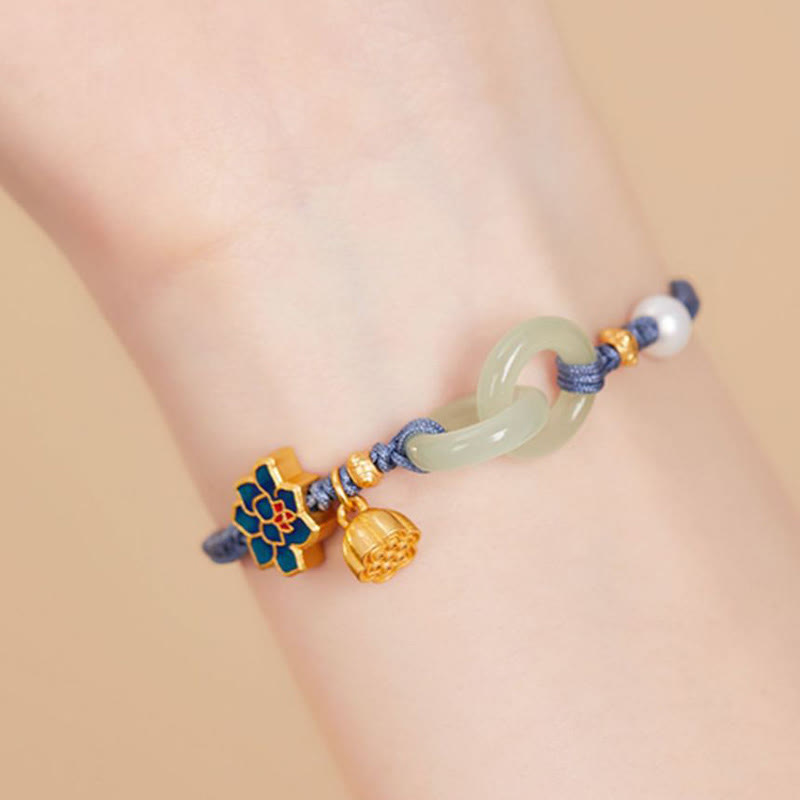 Hetian Jade Lotus Peace Buckle Braided Rope Fortune Bracelet