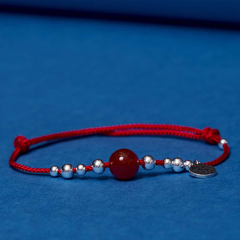 Handmade 925 Sterling Silver Fu Character Red Agate Fortune Braided Ultra-Thin Rope Bracelet