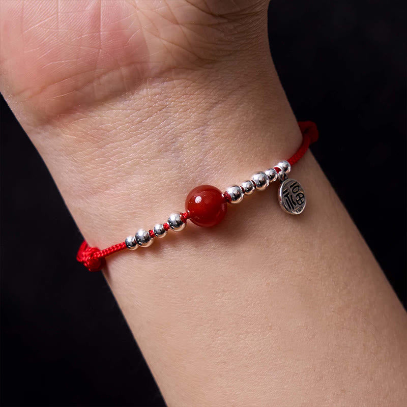 Handmade 925 Sterling Silver Fu Character Red Agate Fortune Braided Ultra-Thin Rope Bracelet