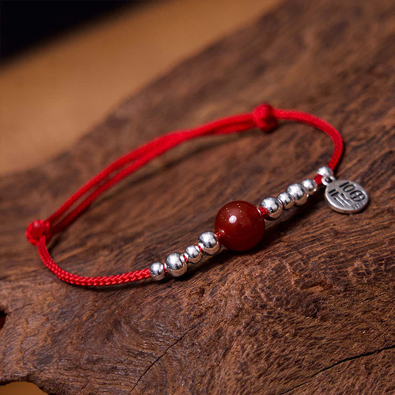 Handmade 925 Sterling Silver Fu Character Red Agate Fortune Braided Ultra-Thin Rope Bracelet