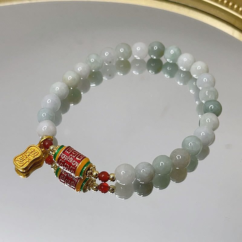 Tibetan Natural Jade Fu Character Prayer Wheel Prosperity Abundance Bracelet