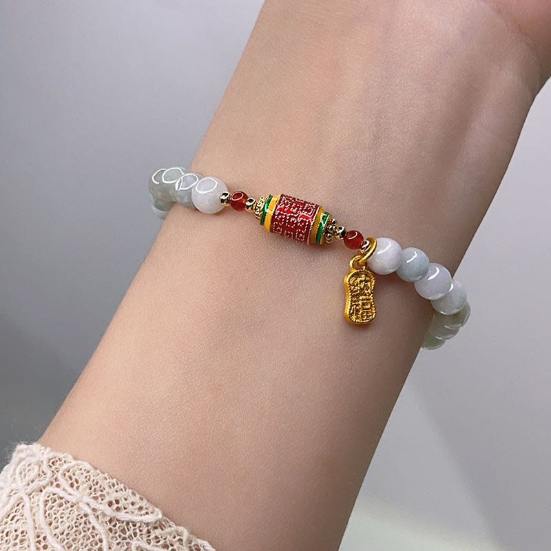 Tibetan Natural Jade Fu Character Prayer Wheel Prosperity Abundance Bracelet