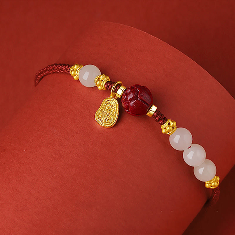 Fu Character Jade Cinnabar 24K Gold Plated Luck Red String Bracelet