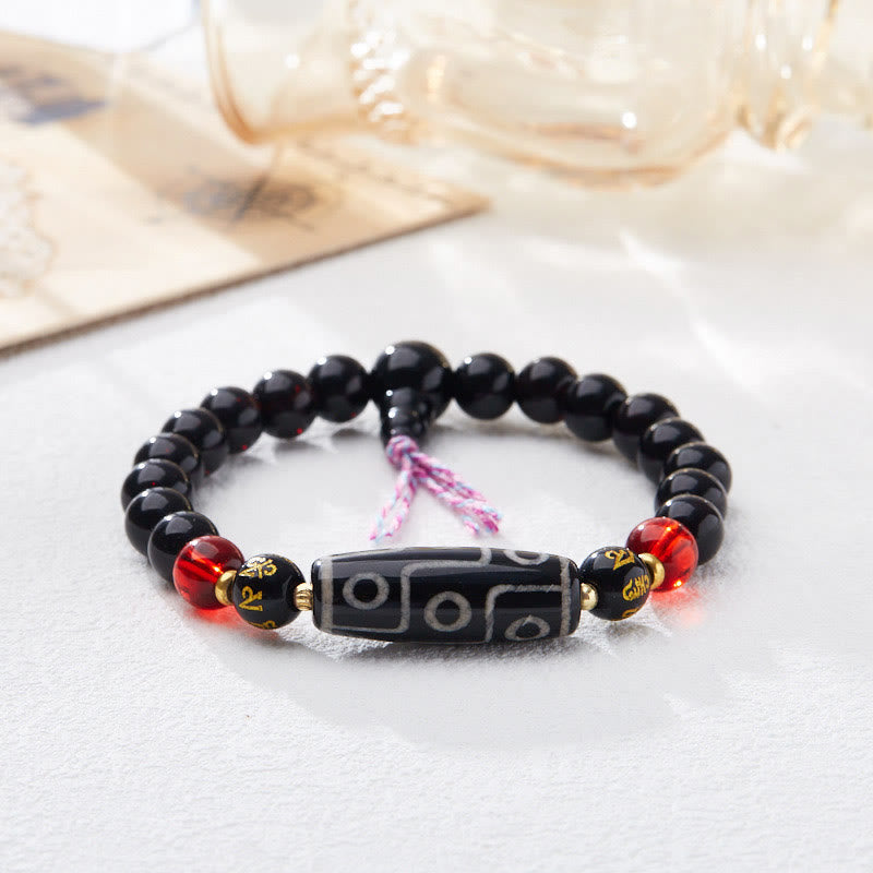 Tibetan Nine-eye Dzi Bead Black Onyx Six True Words Wealth Protection Bracelet