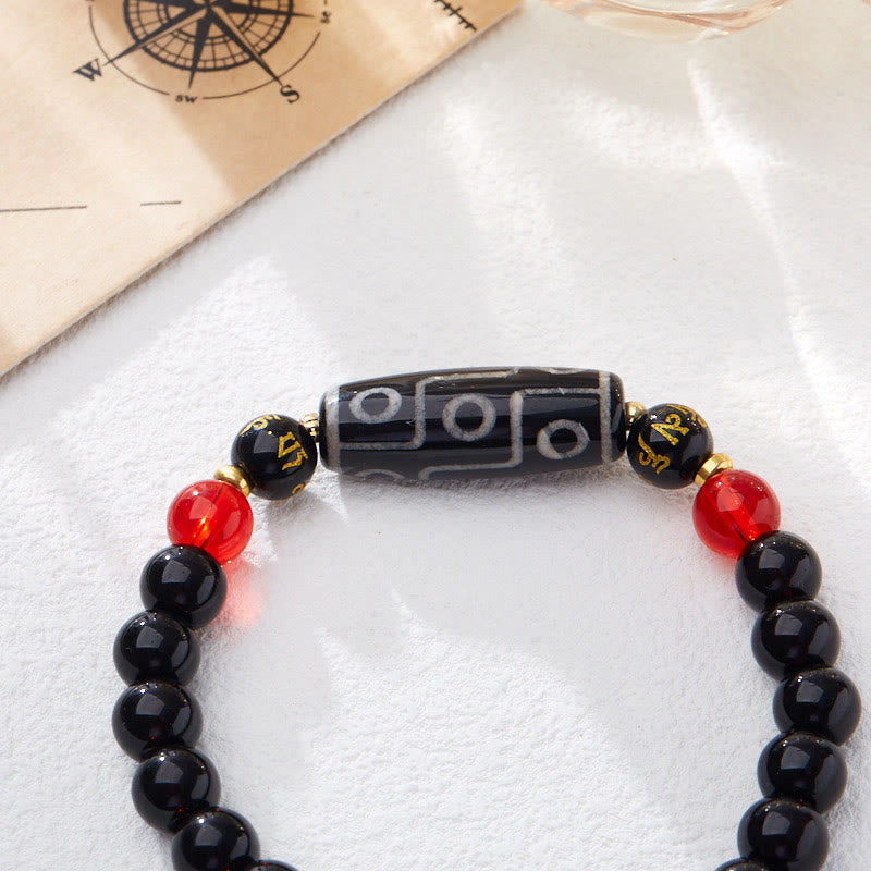 Tibetan Nine-eye Dzi Bead Black Onyx Six True Words Wealth Protection Bracelet