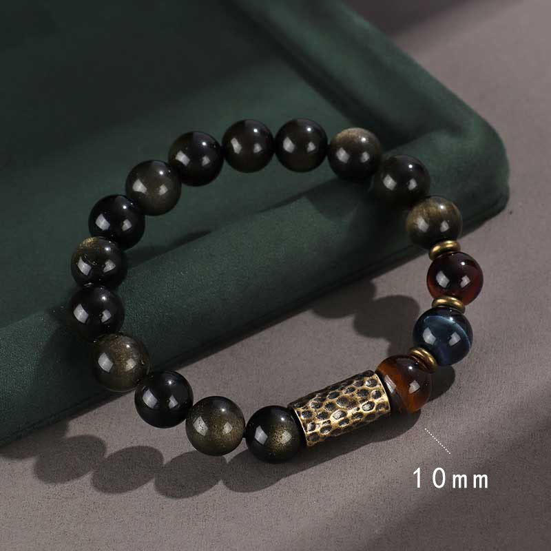 925 Sterling Silver Black Onyx Gold Sheen Obsidian Lava Rock Tiger Eye Six True Words Wealth Protection Bracelet