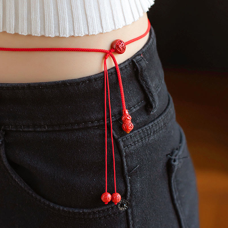 Natural Cinnabar Chinese Zodiac Gourd Calm Blessing Red String Belly Chain