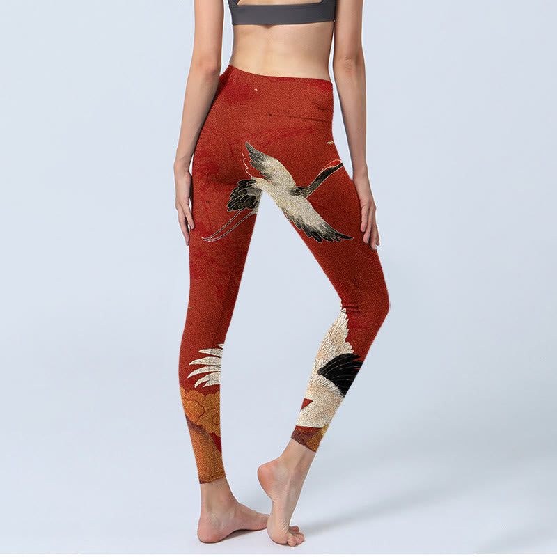 Crane Print Lycra Fabric Fitness Leggings Women's Yoga Pants