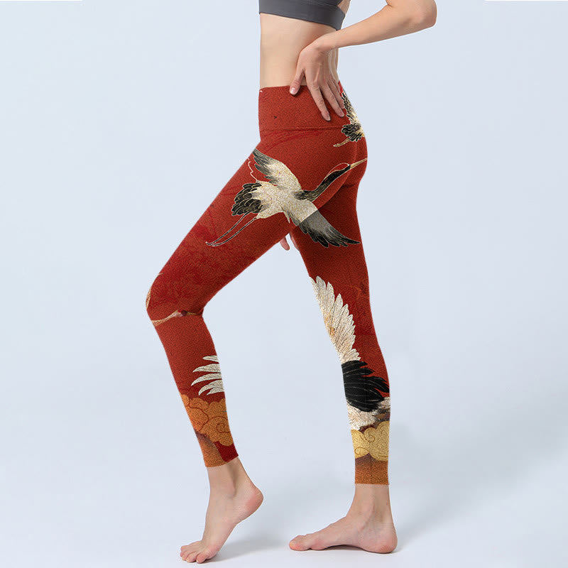 Crane Print Lycra Fabric Fitness Leggings Women's Yoga Pants