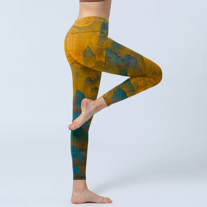Dark Goldenrod Mountain Print Fitness Leggings Women's Yoga Pants