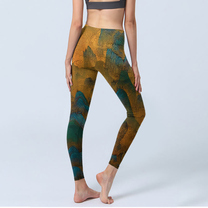 Dark Goldenrod Mountain Print Fitness Leggings Women's Yoga Pants