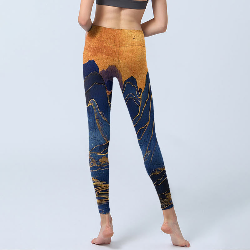 Dark Blue Mountain Sunset Print Fitness Leggings Women's Yoga Pants