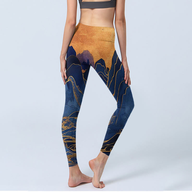 Dark Blue Mountain Sunset Print Fitness Leggings Women's Yoga Pants