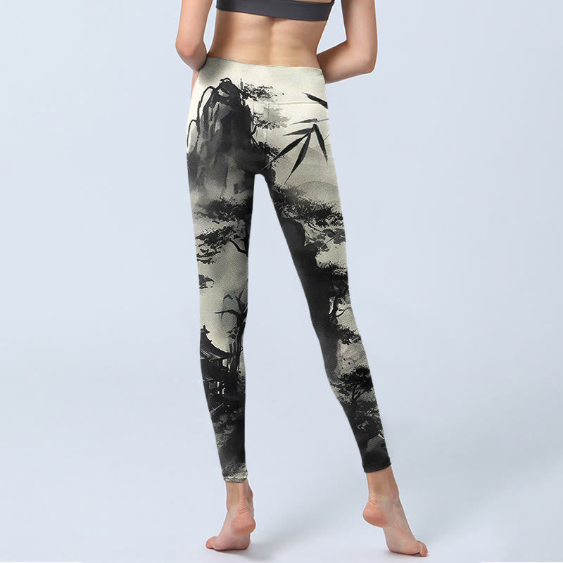 Ink Bamboo Pine Mountains Print Gym Leggings Women's Yoga Pants