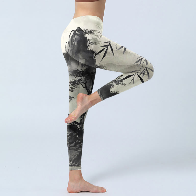 Ink Bamboo Pine Mountains Print Gym Leggings Women's Yoga Pants
