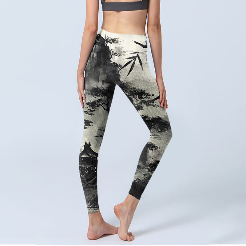 Ink Bamboo Pine Mountains Print Gym Leggings Women's Yoga Pants
