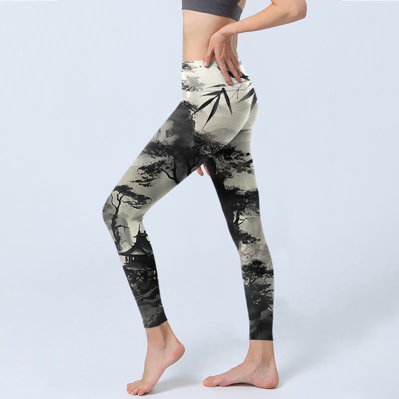 Ink Bamboo Pine Mountains Print Gym Leggings Women's Yoga Pants