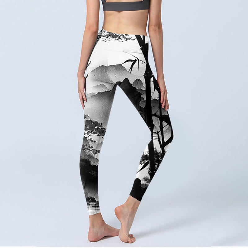 Ink Painting Bamboo Pine Mountain Scenery Print Gym Leggings Women's Yoga Pants