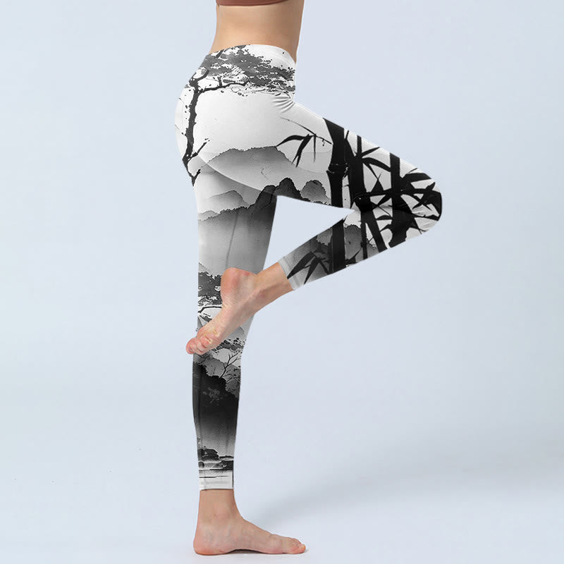 Ink Painting Bamboo Pine Mountain Scenery Print Gym Leggings Women's Yoga Pants