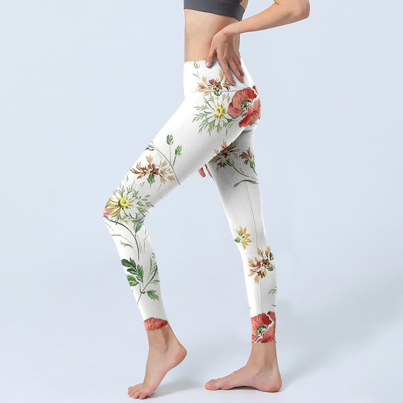 White Daisy Red Flower Print Sports Leggings Women's Yoga Pants
