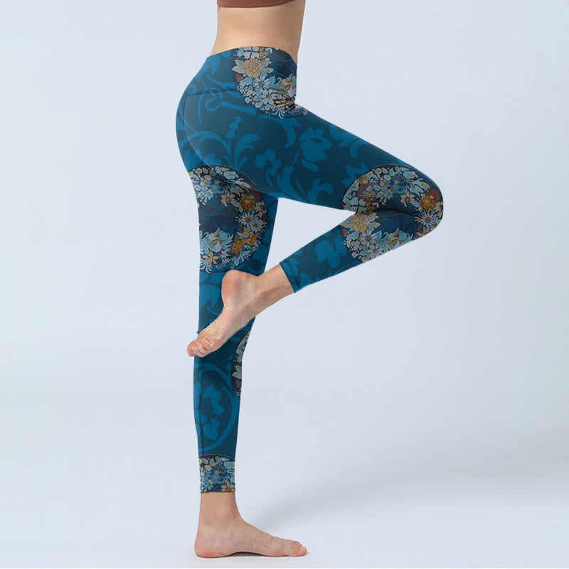 Dark Blue Flowers In Bloom Print Sports Leggings Women's Yoga Pants