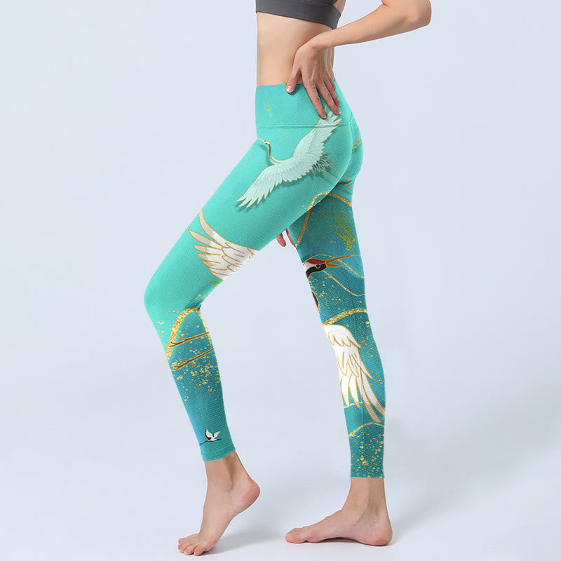 Mint Green Mountain Crane Print Fitness Leggings Women's Yoga Pants