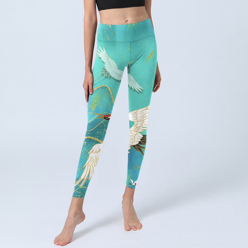 Mint Green Mountain Crane Print Fitness Leggings Women's Yoga Pants