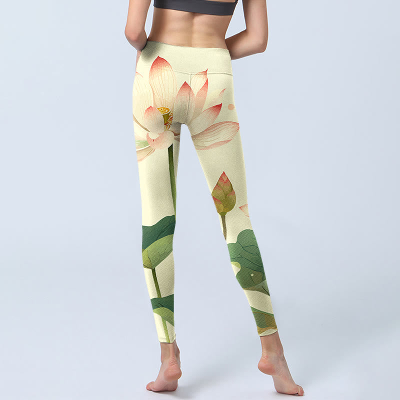 Lotus Flower Leaf Dragonfly Print Fitness Leggings Women's Yoga Pants